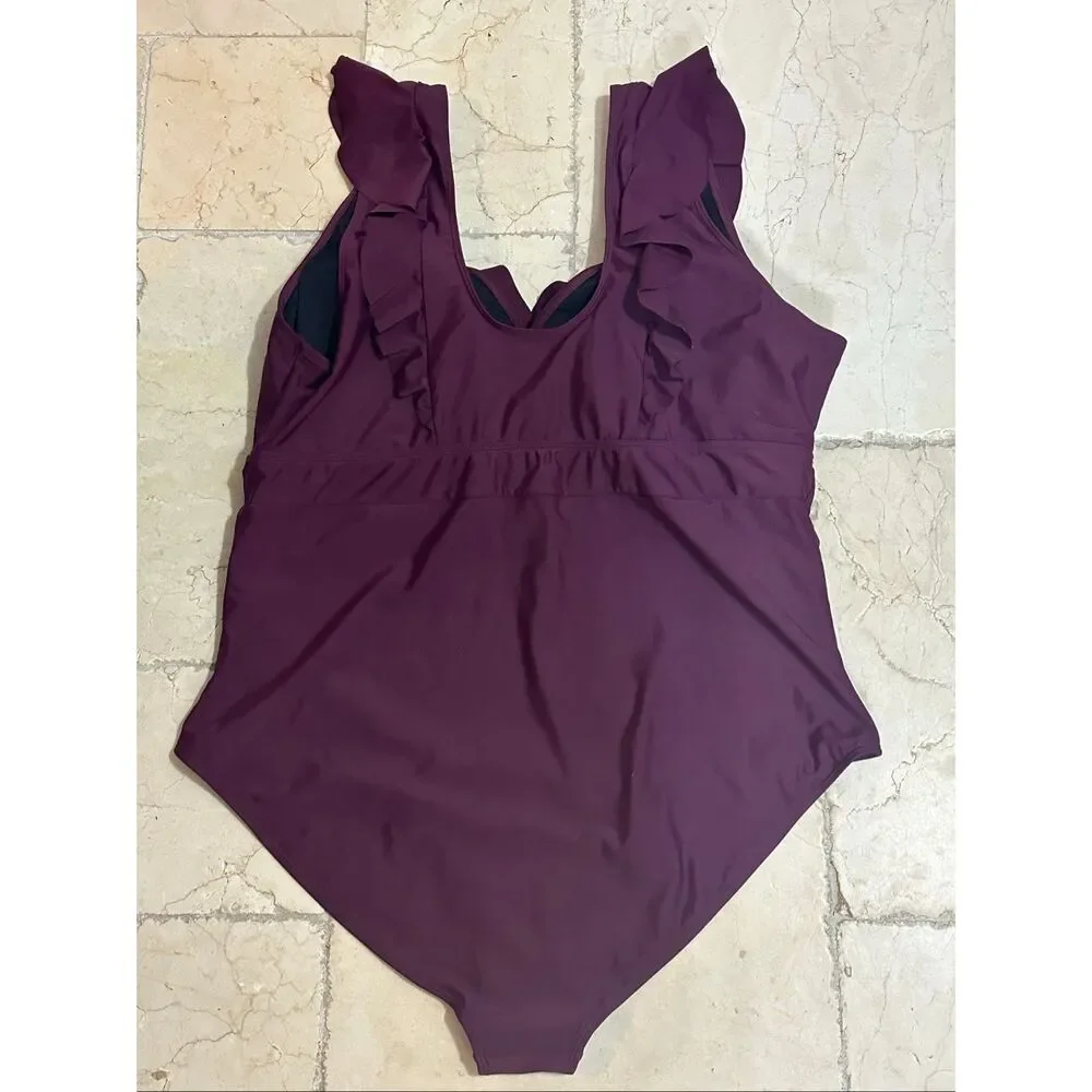 BloomChic Size 26 Deep Red Ruffle Trim Ruched One Piece Swimsuit NWT